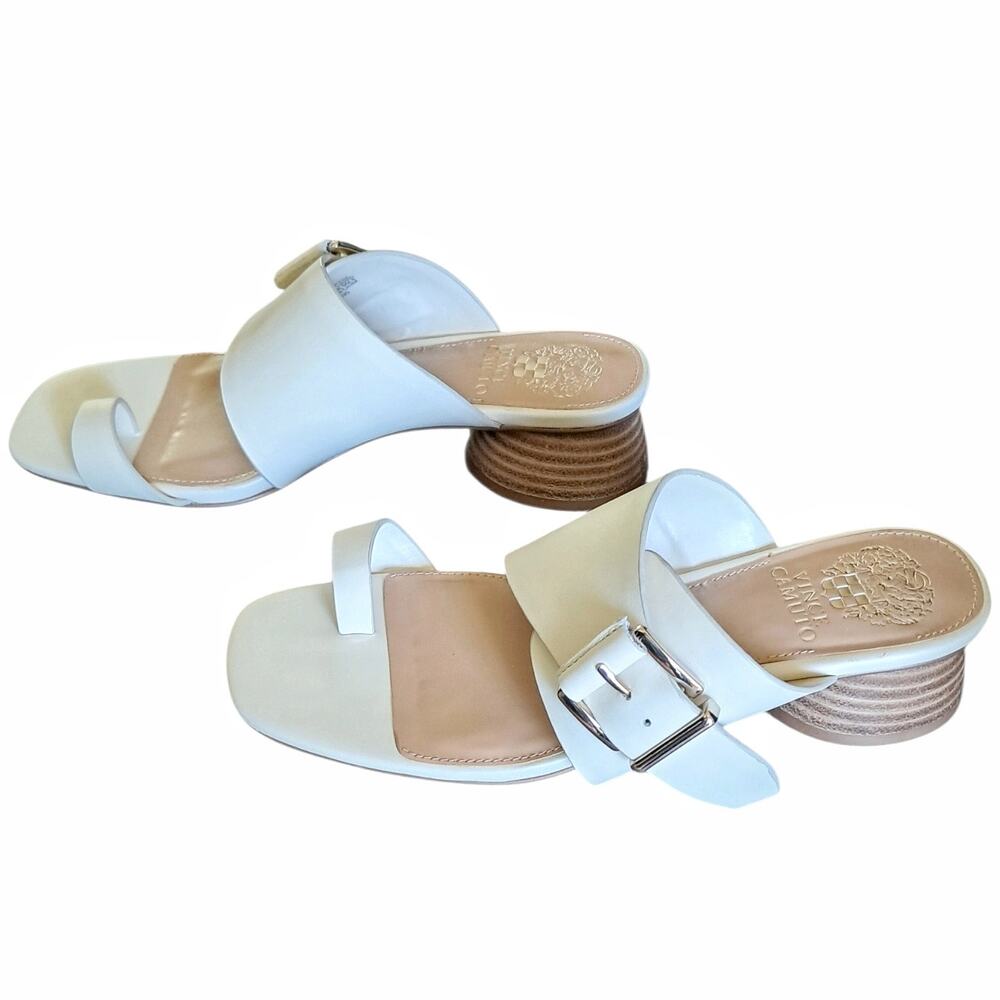 VINCE CAMUTO Cream Leather Lenqua Sandals Size 8M Round Block Heel Preppy Summer - Picture 4 of 10
